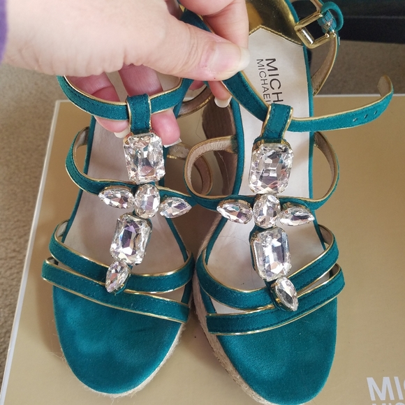 Michael Kors Teal Jayden Platform Wedge Gold Trim Embellished Espadrilles - Picture 1 of 17
